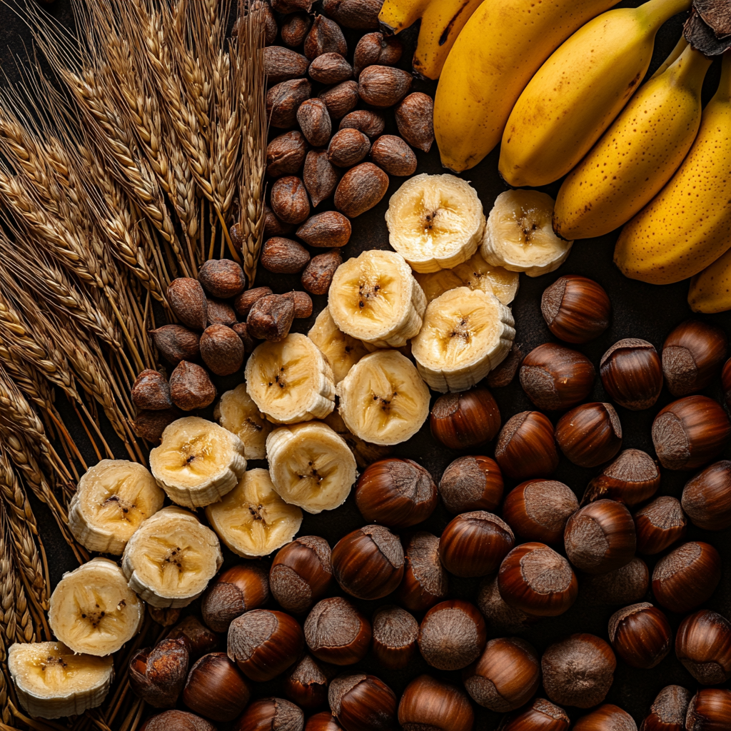 A Harvest Mix of Bananas, Chestnuts, Pumpkin, Wheat