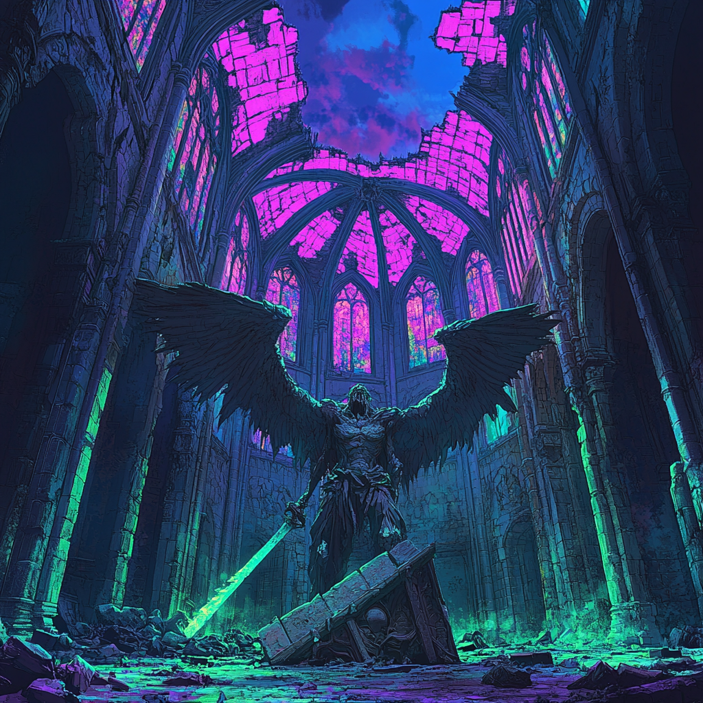 A Haunted Cathedral: Demon Statue and Stained Glass