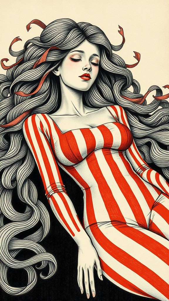 A Haunting Figure in Red and White Waves