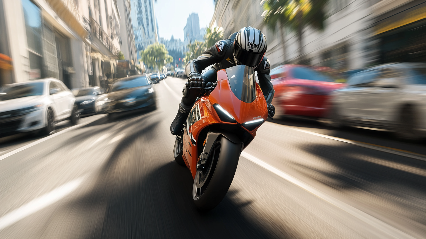 A Helmeted Motorcyclist Racing Between Rows of Cars