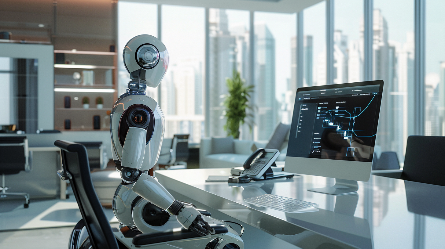 A High-Tech AI Bot in Luxury Real Estate Office.