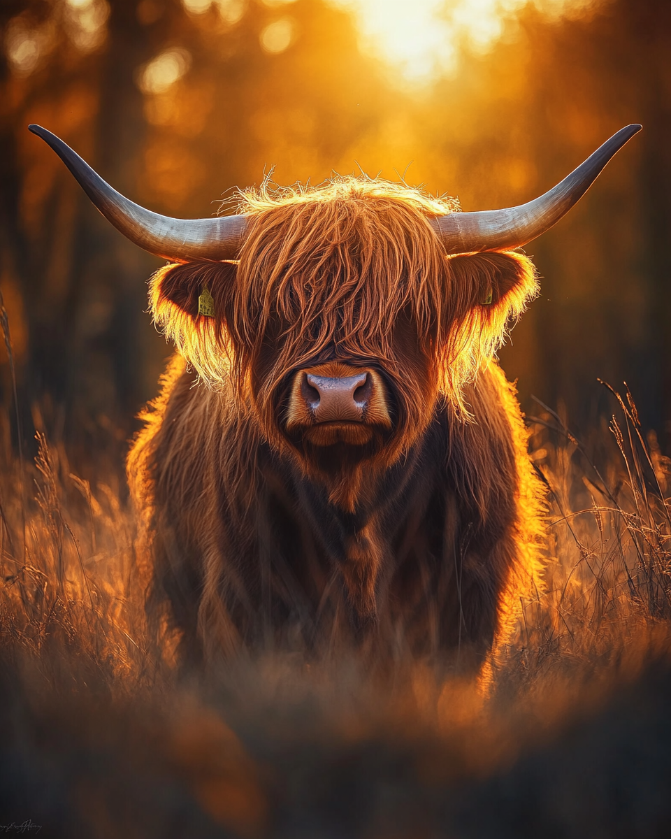 A Highland cattle bull with detailed fur and golden light.