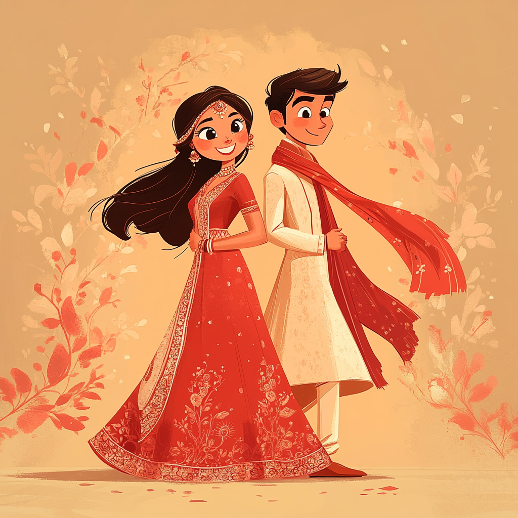 Disney Style Indian Bride and Groom Illustration