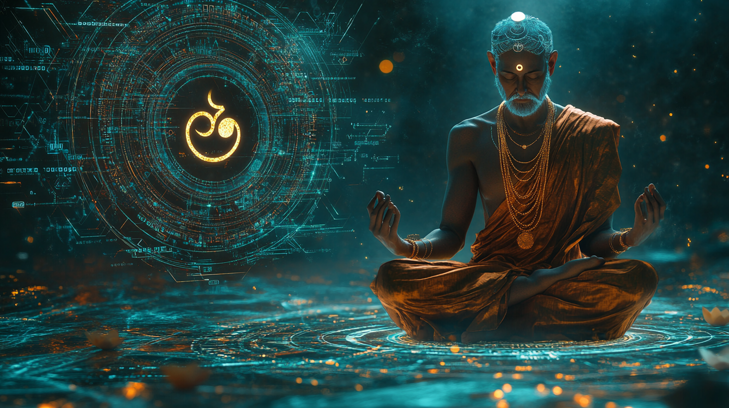 A Hindu sage meditates with digital circuitry