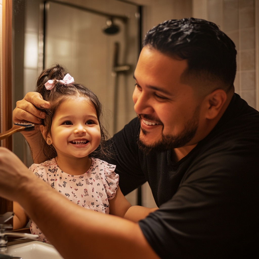 A Hispanic father styles toddler daughter's hair joyfully