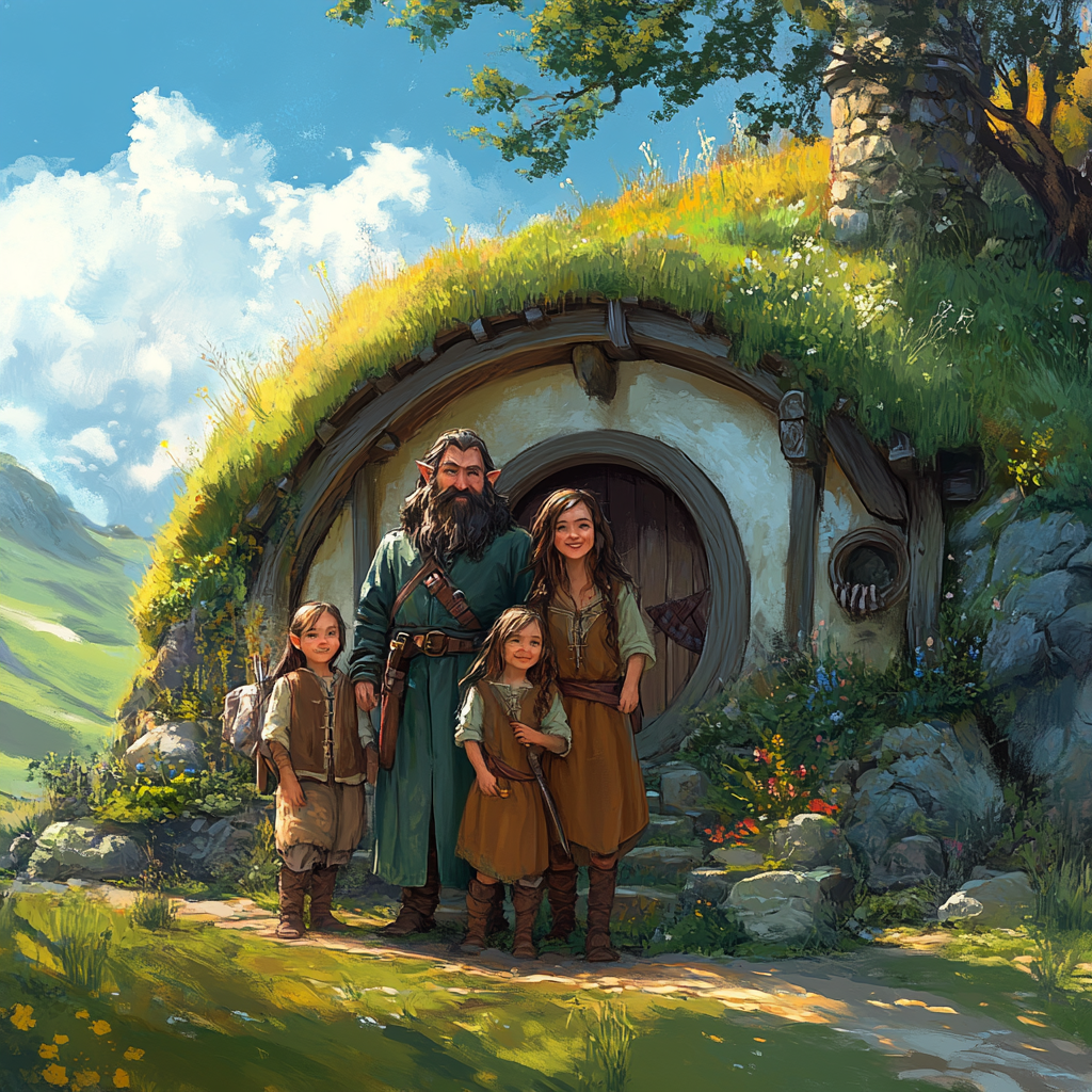 A Hobbit Family Stands Outside Their Hill Home.