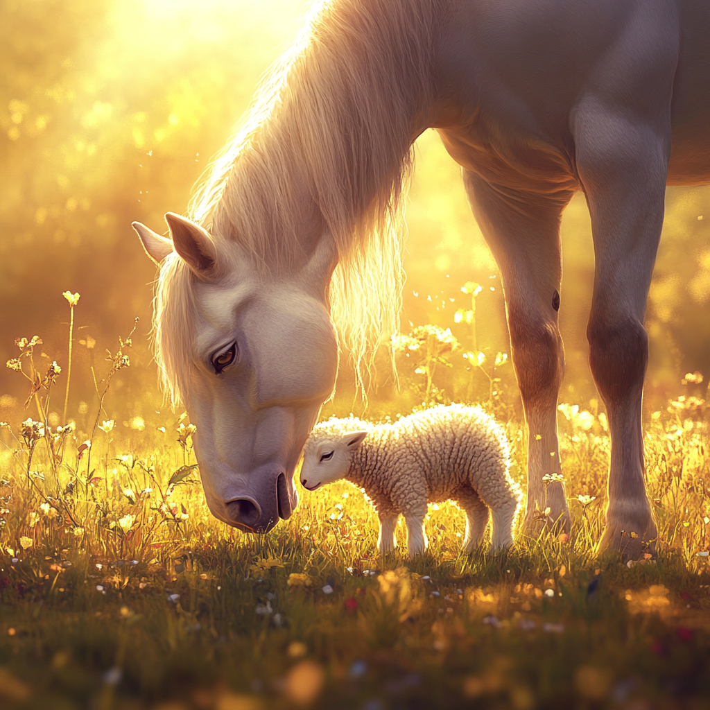 A Horse and Lamb in Peaceful Friendship