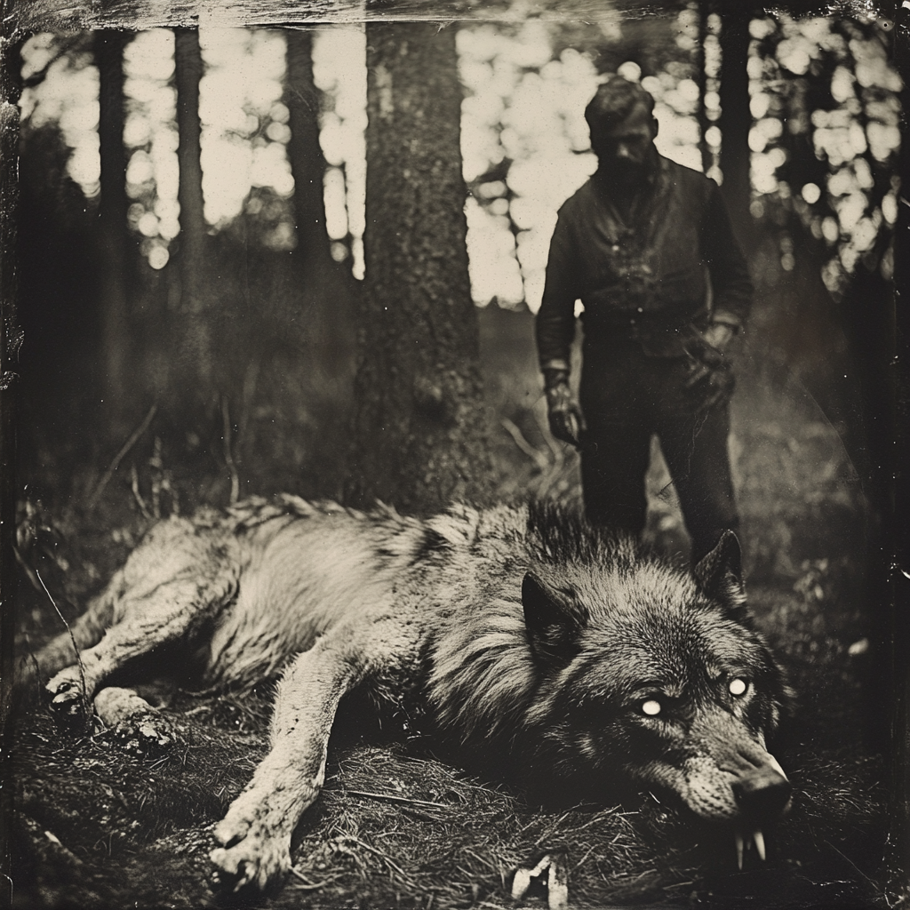 A Hunter Stands Over Dead, Rabid Wolf