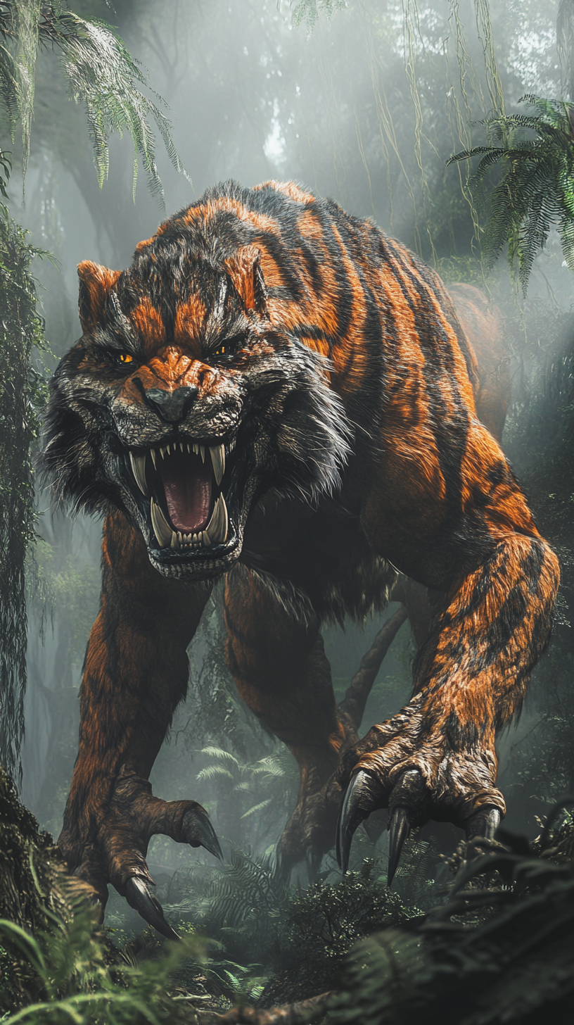 A Hybrid Tiger-Therizinosaurus in the Misty Jungle