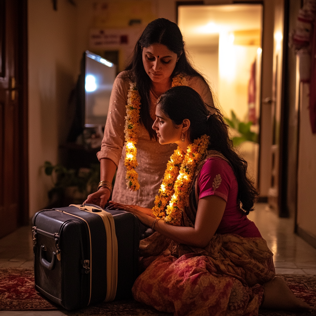 A Indian Mother comforts daughter during packing