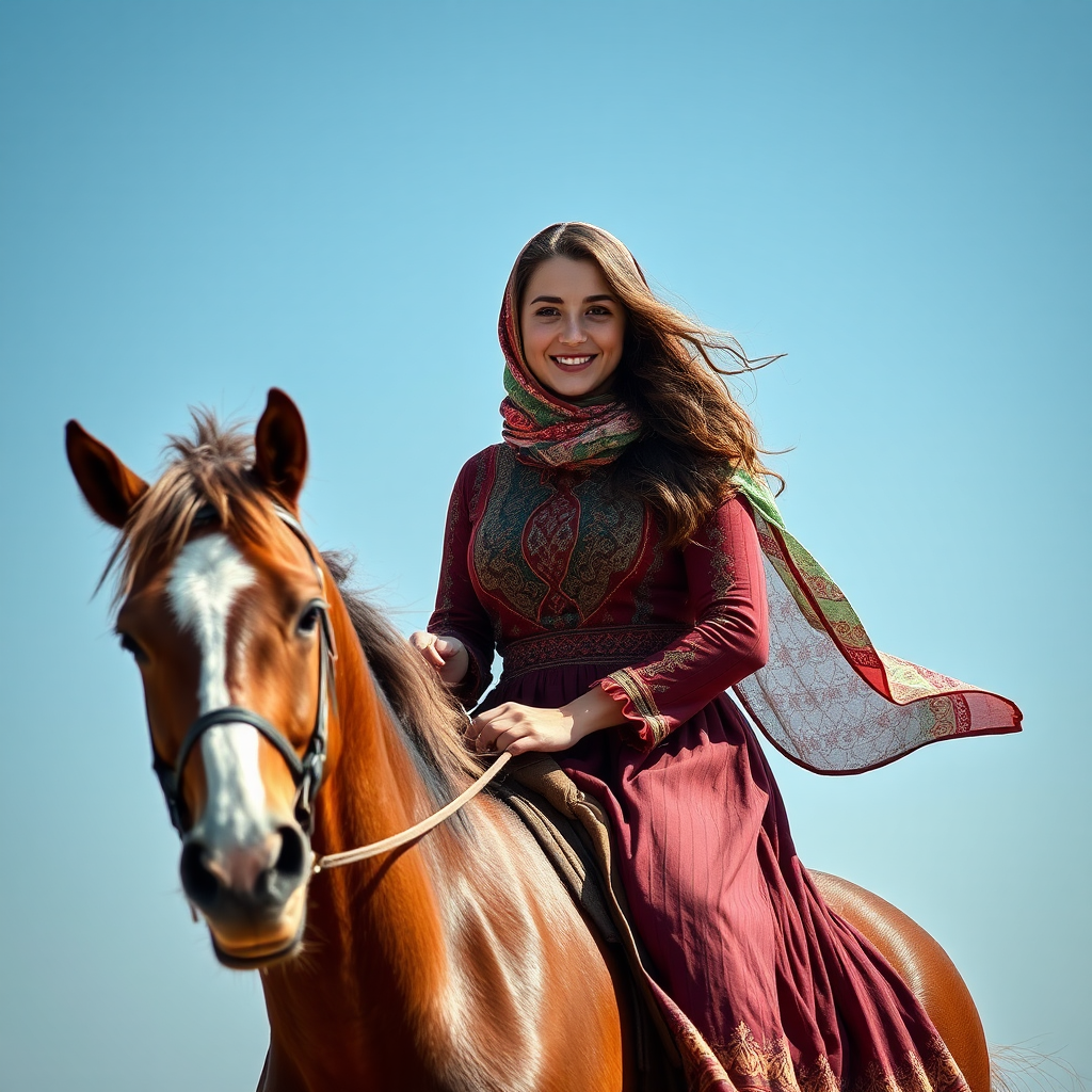 A Iranian Muslim girl riding a strong horse.