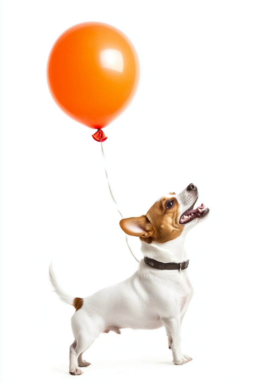 A Jack Russell Dog Holding Balloon Floating Up.