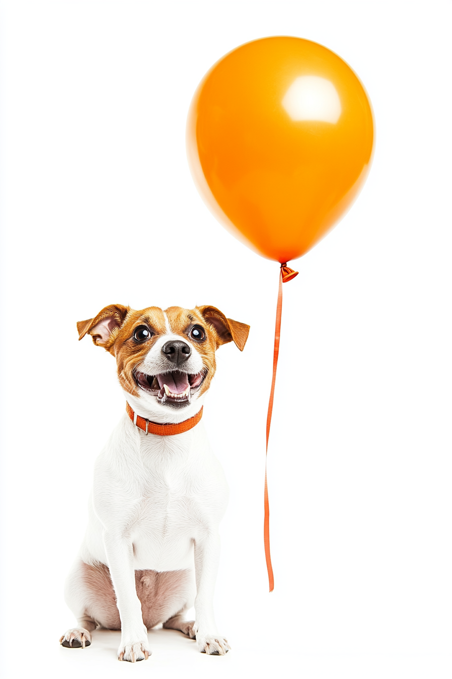 A Jack Russell Dog Hugging Orange Balloon Happily