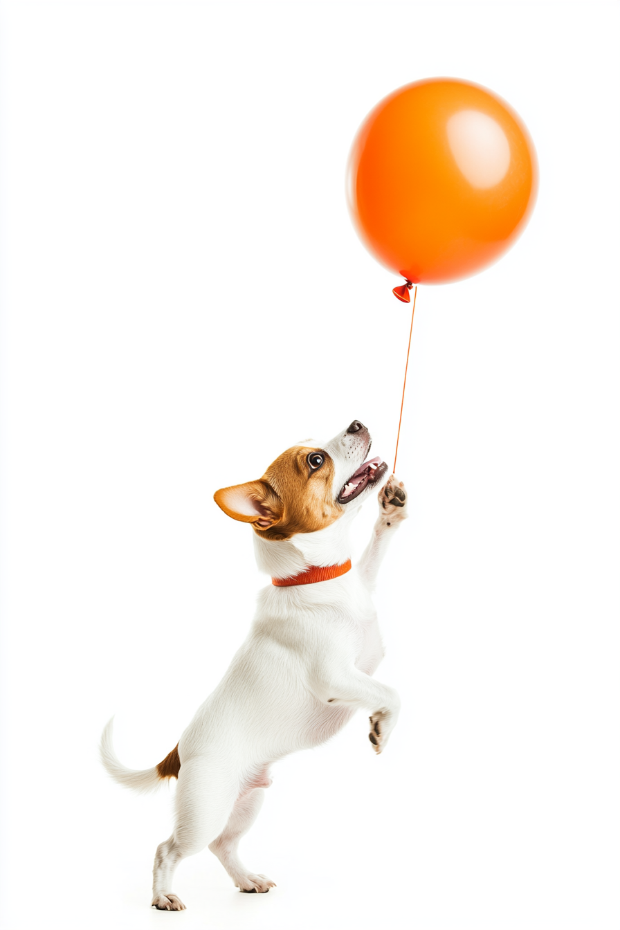 A Jack Russell dog hugging orange balloon.