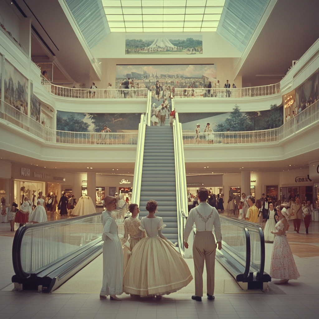 A Jane Austen character-filled mall, Benny Hill style.