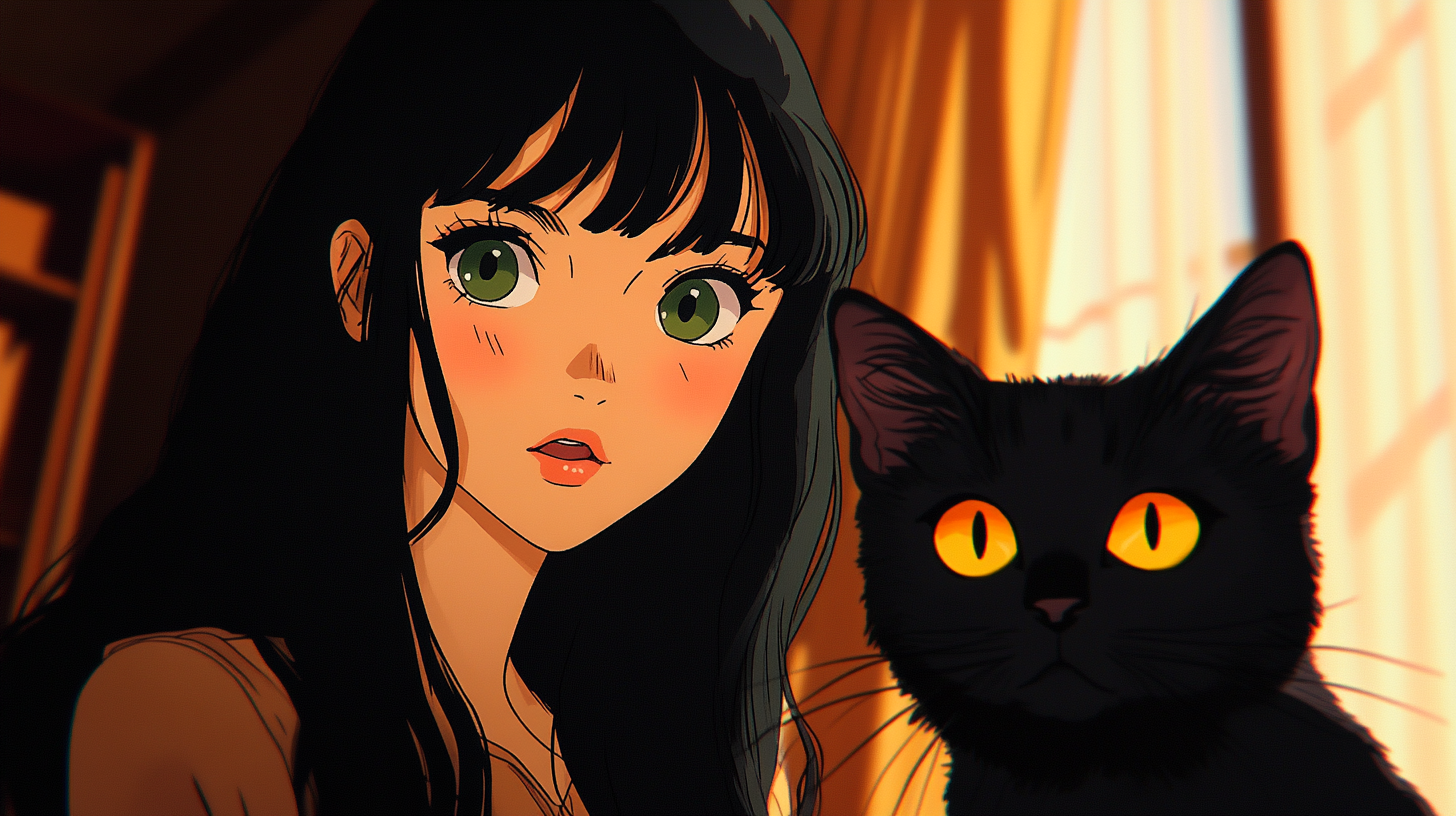 A Japanese Anime Girl with a Black Cat