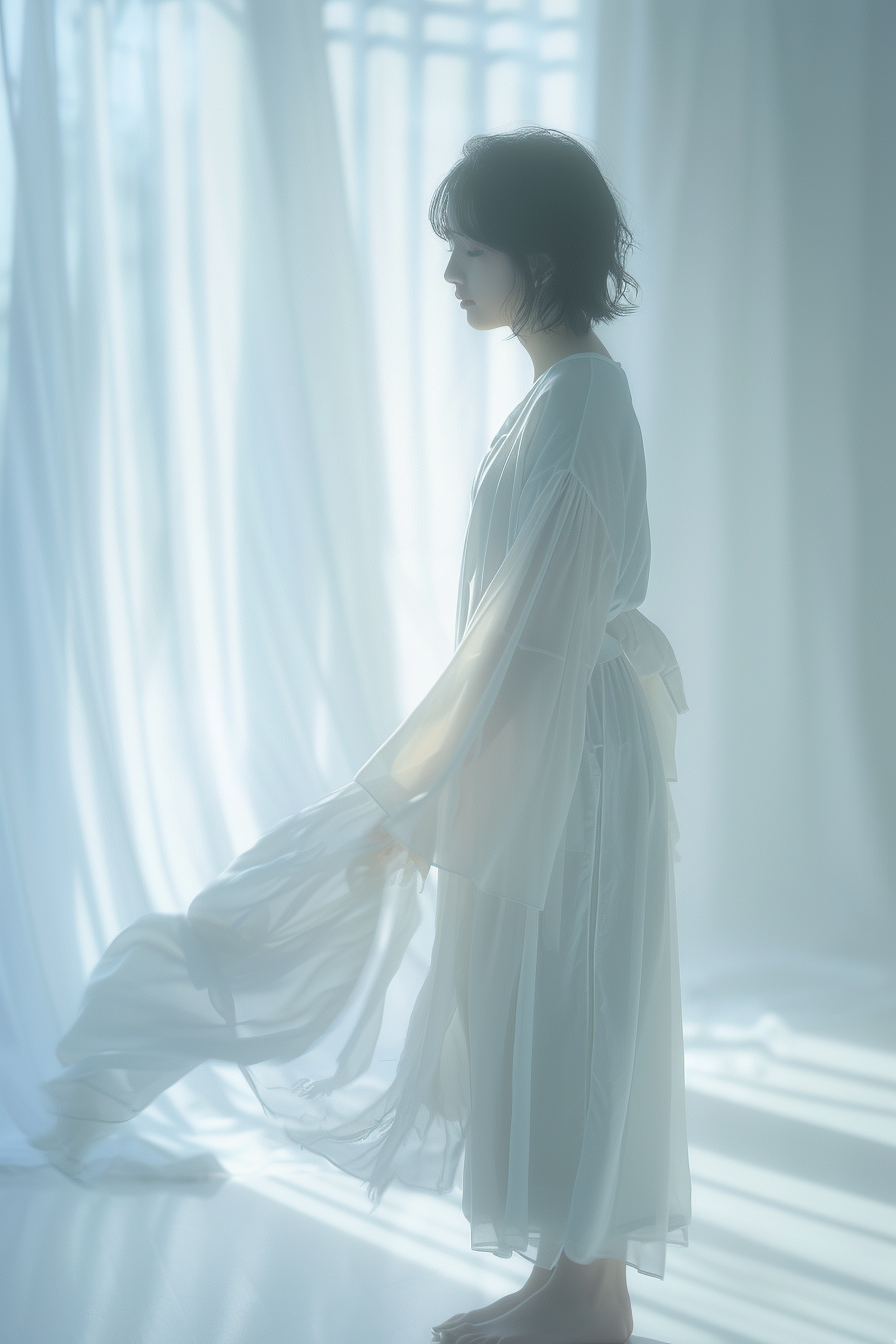 A Japanese Girl in Elegant White Chiffon