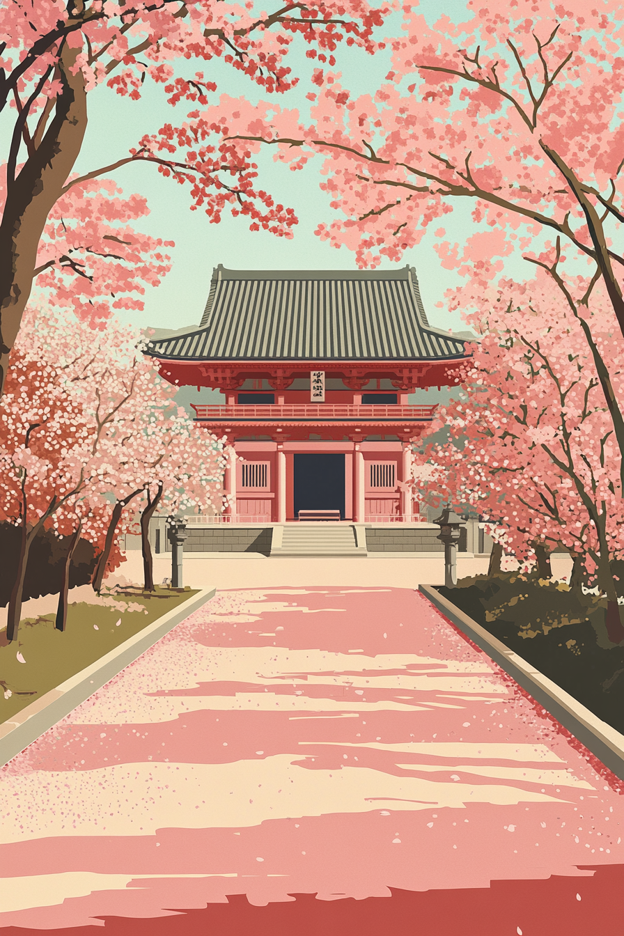 A Japanese Temple with Sakura Blossom Trees