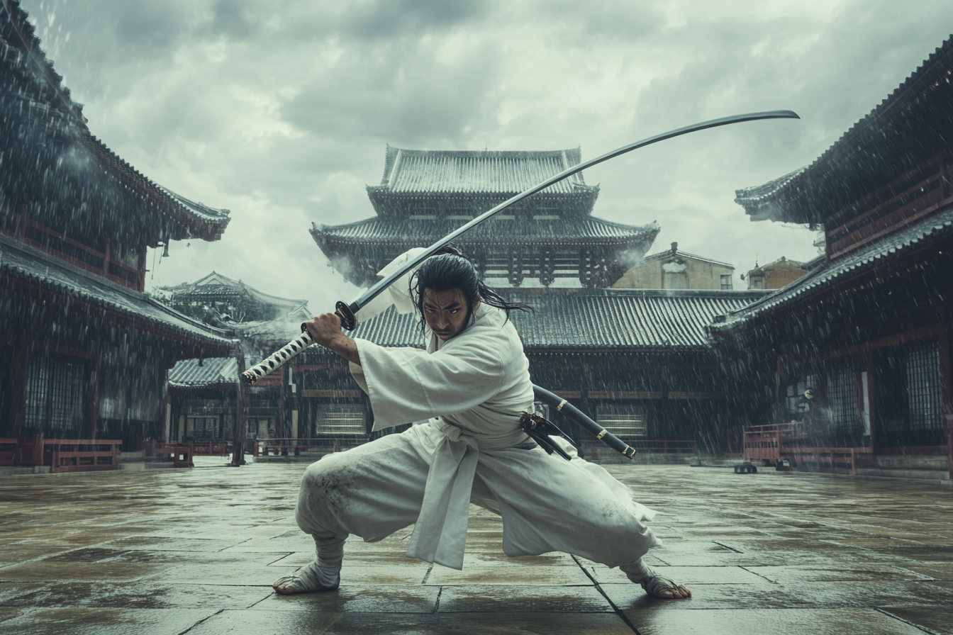 A Japanese Warrior Holds Katana in Fighting Stance