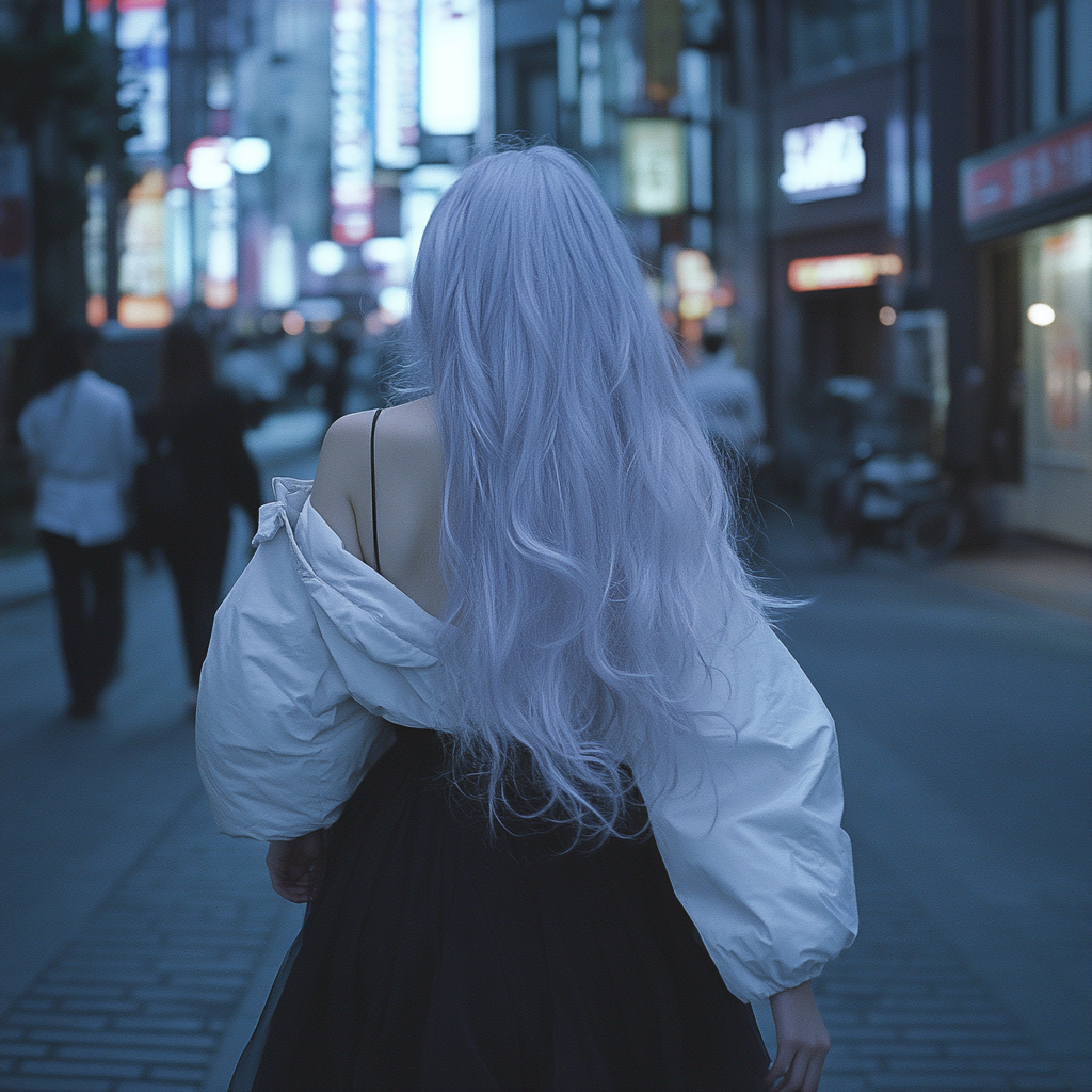 A Japanese Woman Strolling Shibuya Streets at Night