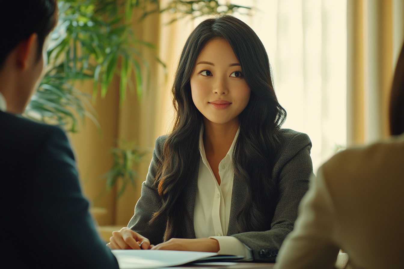 A Japanese businesswoman meeting a supportive bank officer