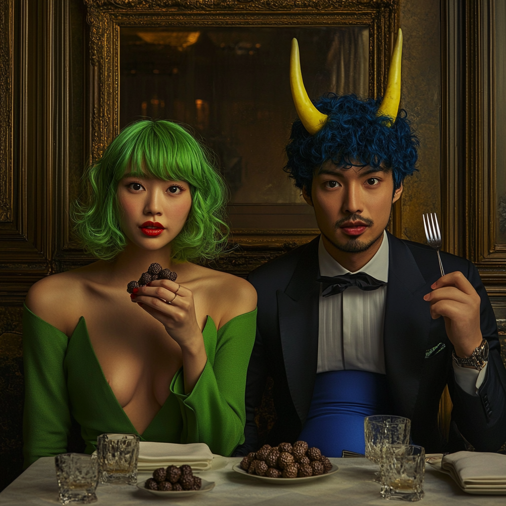 A Japanese couple at fancy restaurant with unique hairstyles