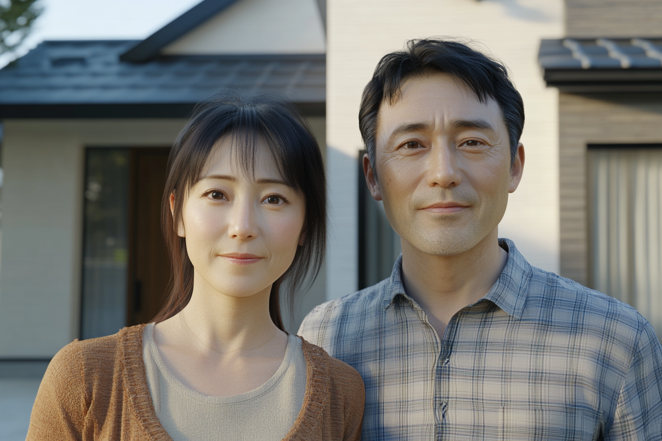 A Japanese couple in front of new home