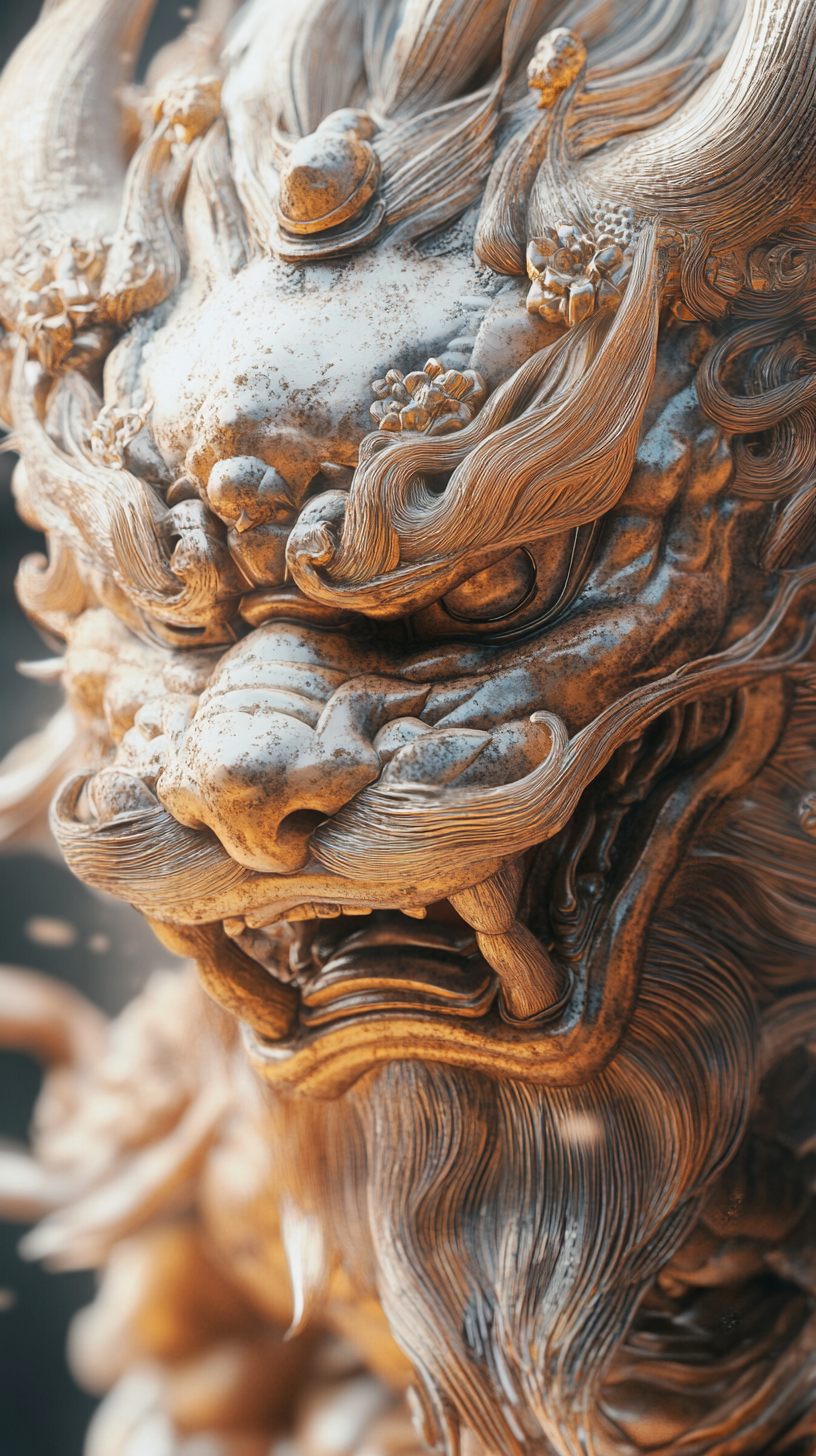 A Japanese fierce foo dog closeup with flowy design.