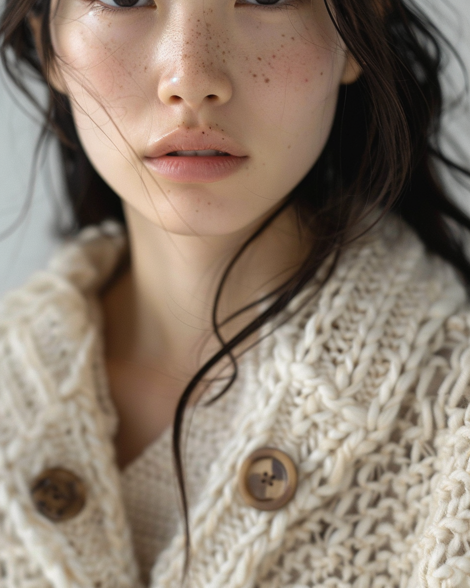 A Japanese girl in cozy white cardigan portrait.