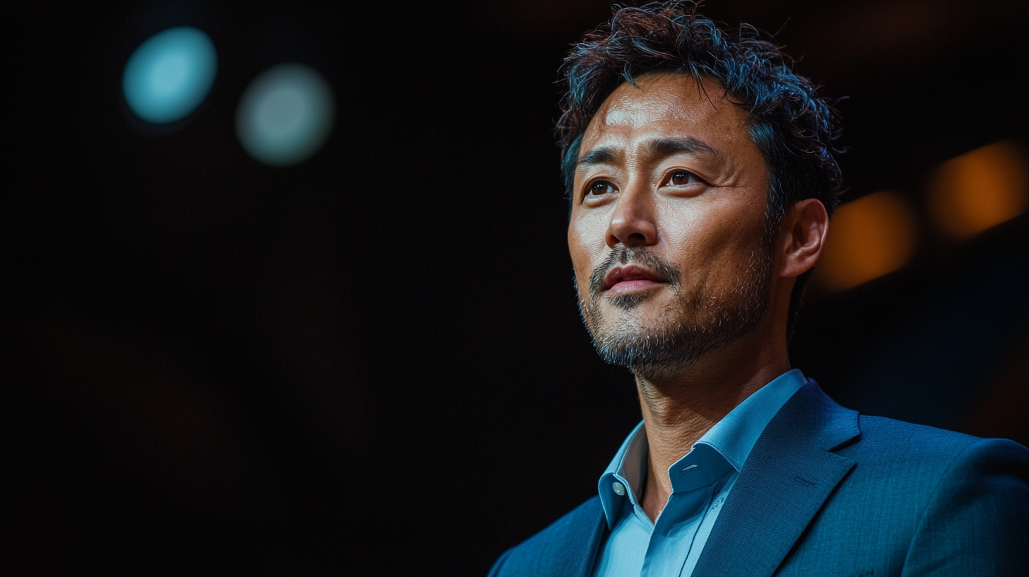 A Japanese man giving presentation on dark stage.