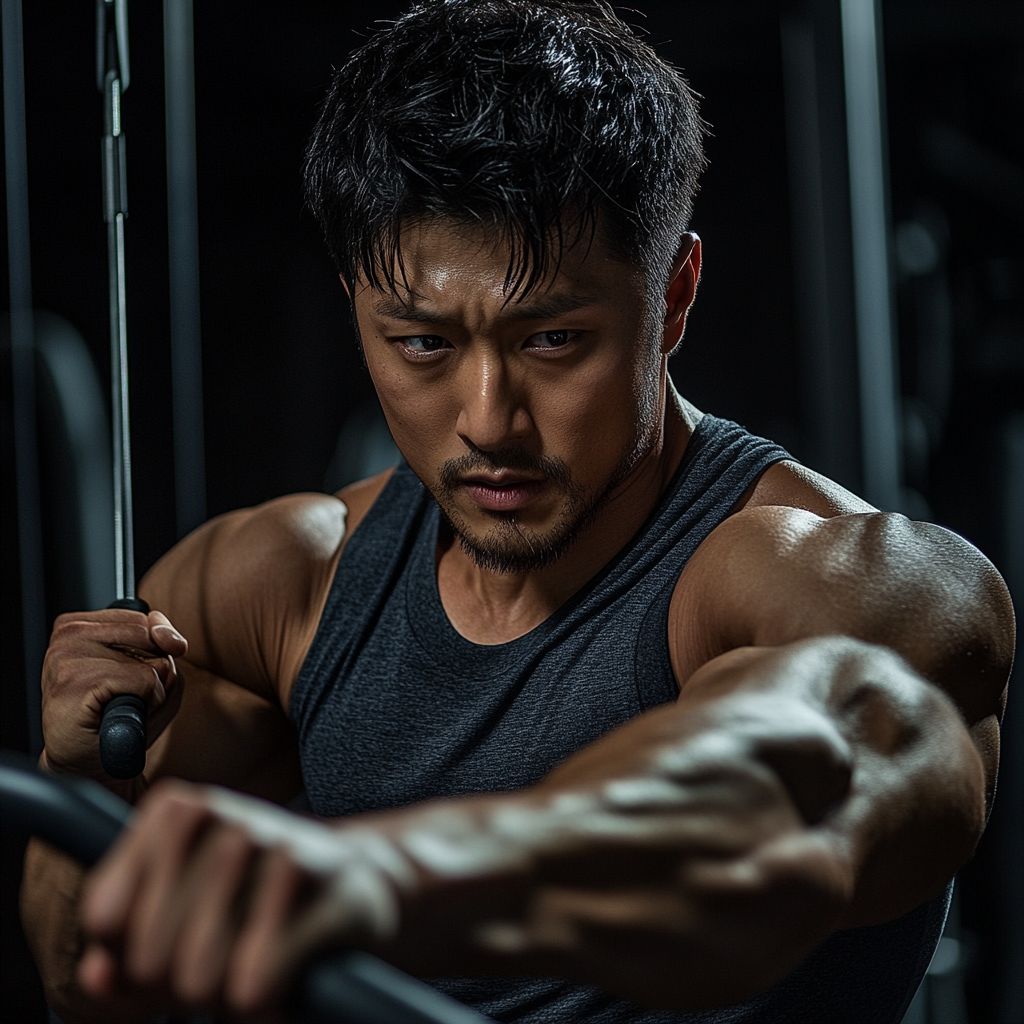 A Japanese man in 30s working out at gym.