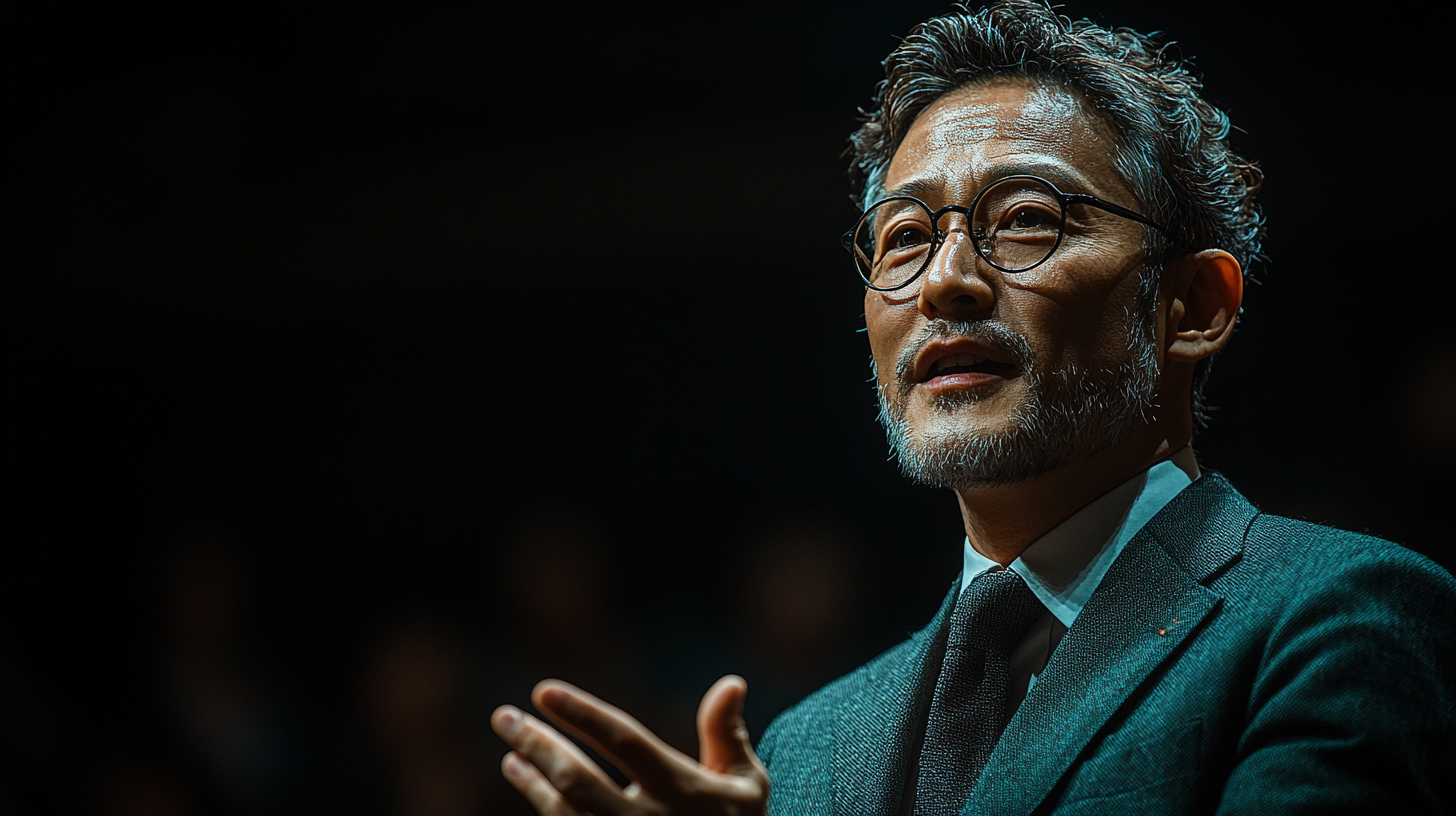 A Japanese man in suit giving presentation on stage