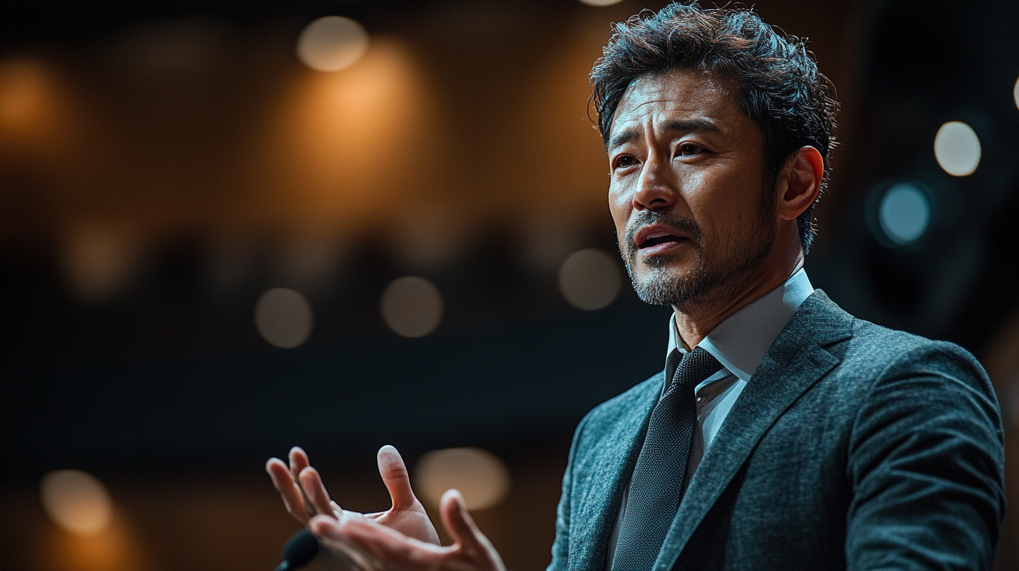 A Japanese man in suit presenting on stage.