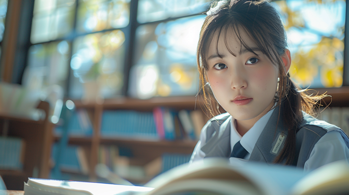 A Japanese schoolgirl writing in a bright classroom.