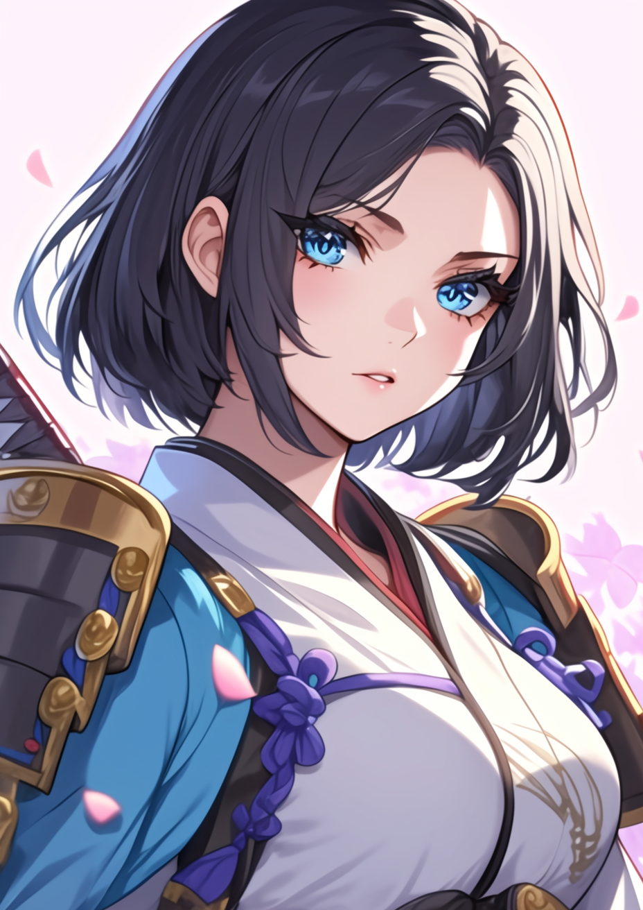 A Japanese warrior woman with black hair and blue eyes.