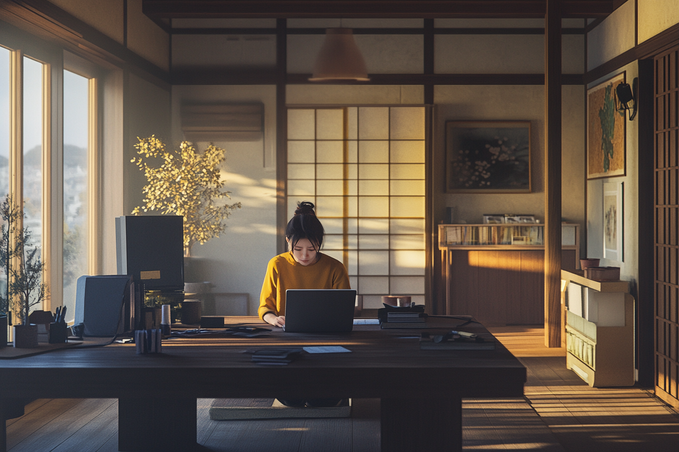 A Japanese woman budgeting on laptop in cozy room