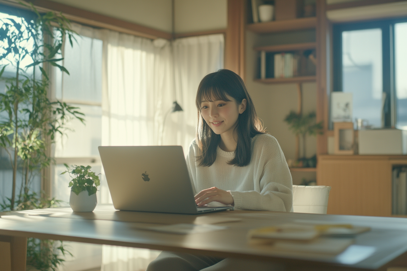 A Japanese woman happily managing finances on laptop