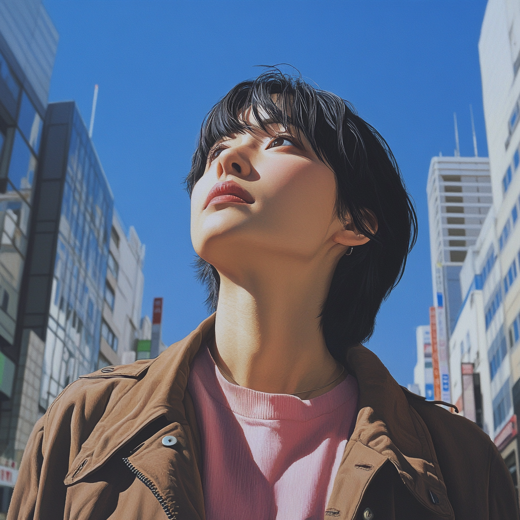 A Japanese woman in Ginza looking up at sky.