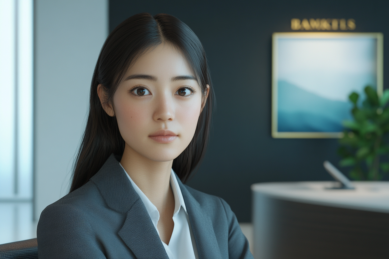 A Japanese woman in a bank office