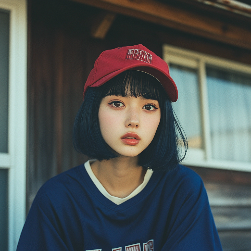 A Japanese woman sitting in countryside.