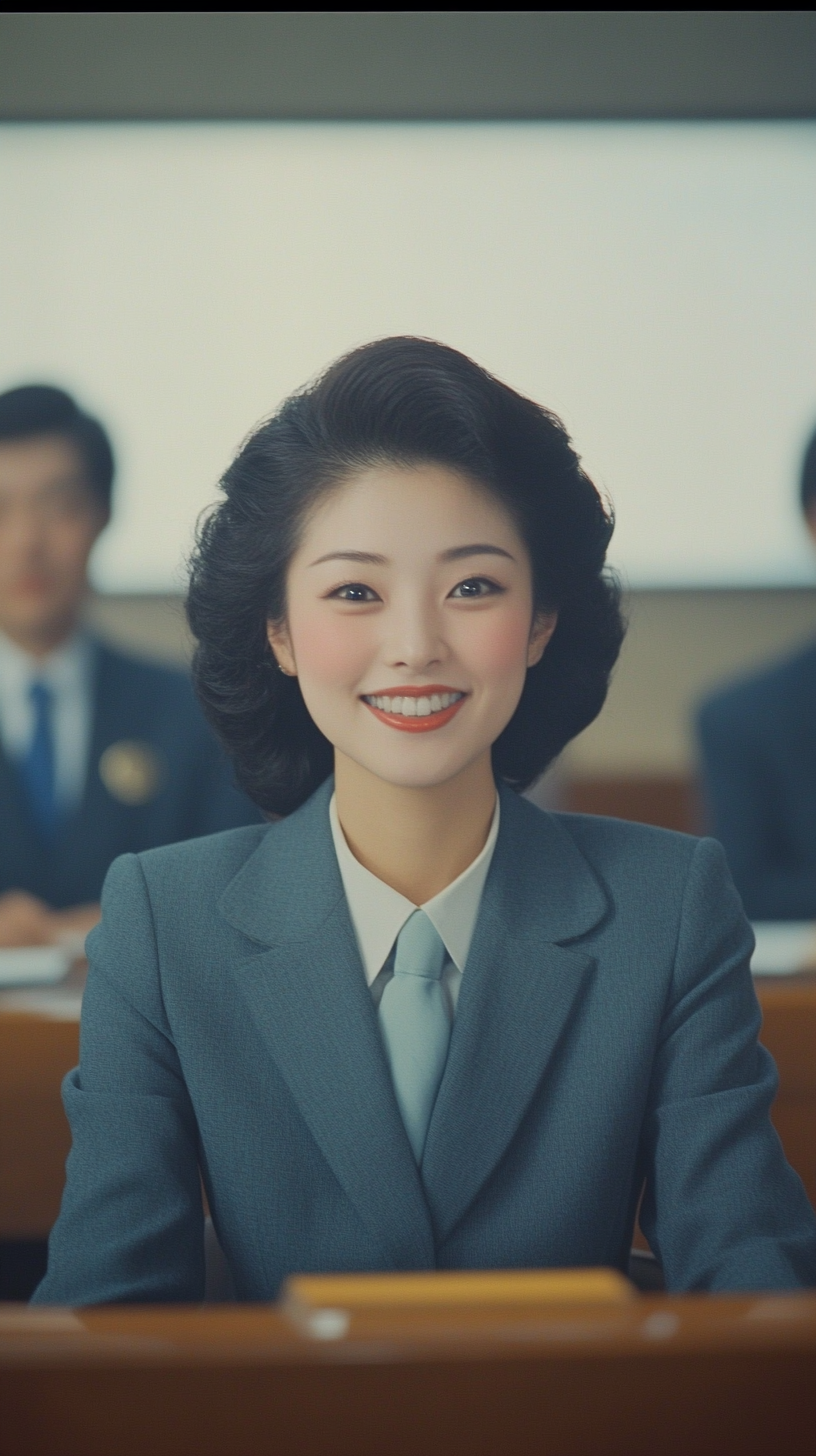 A Japanese woman smiles in a suit