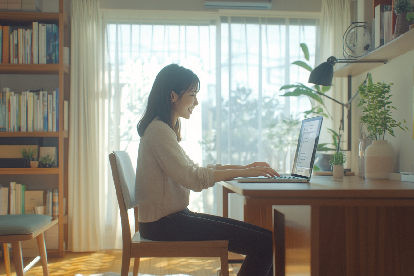 A Japanese woman smiling at laptop in bright room