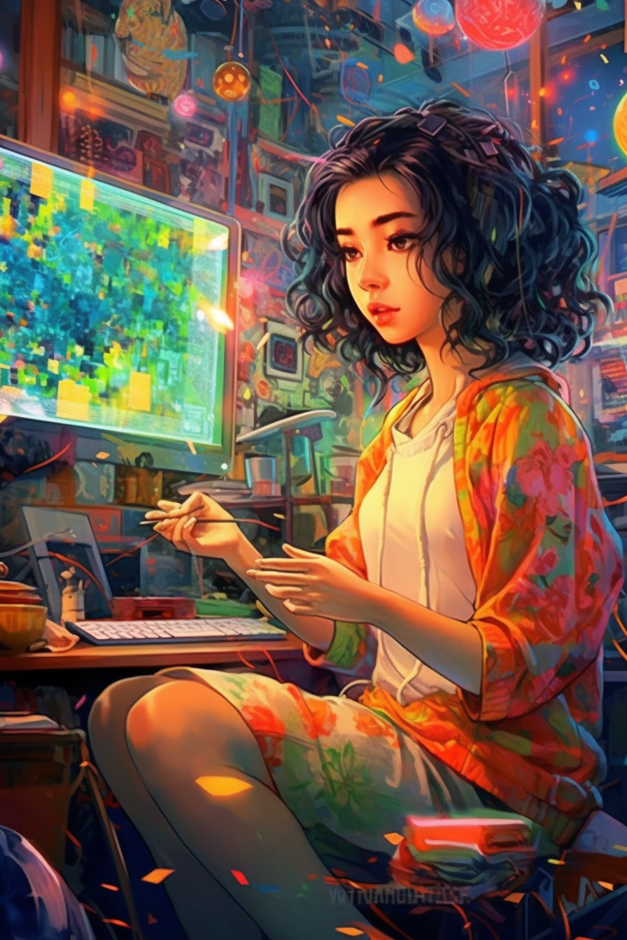 A Japanese woman with computer in colorful setting.