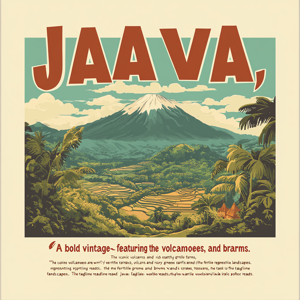 A Java travel poster with volcanoes, coffee, and adventure