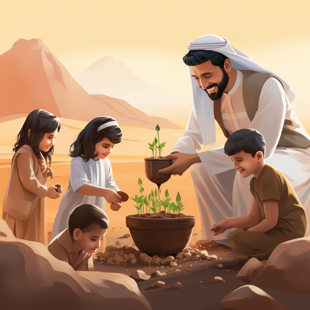 A Joyful Saudi Family Planting Wildflower in Riyadh