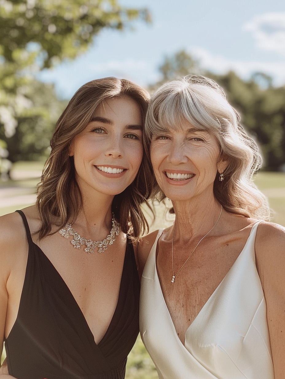 A Joyful Wedding Day: Mom and Daughter Outside