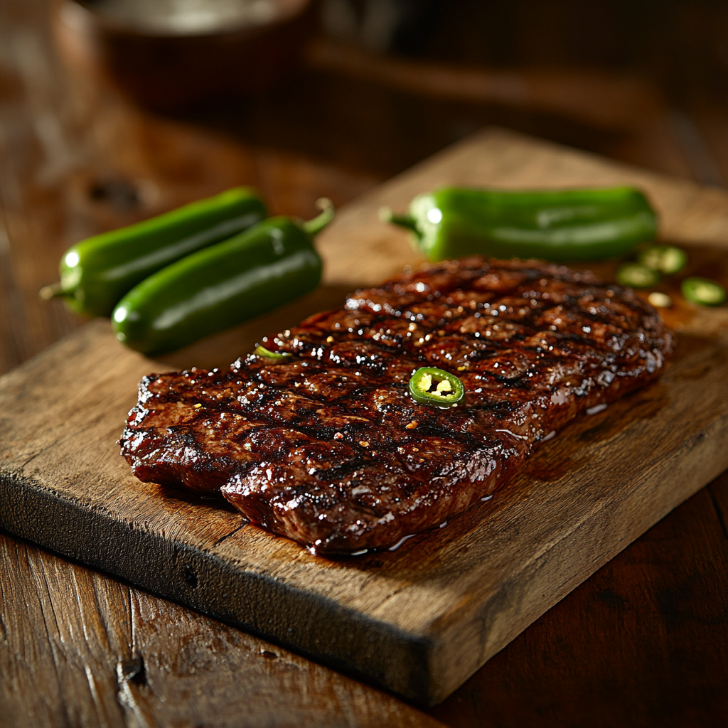 A Juicy Steak with Jalapeños on Wooden Platter.