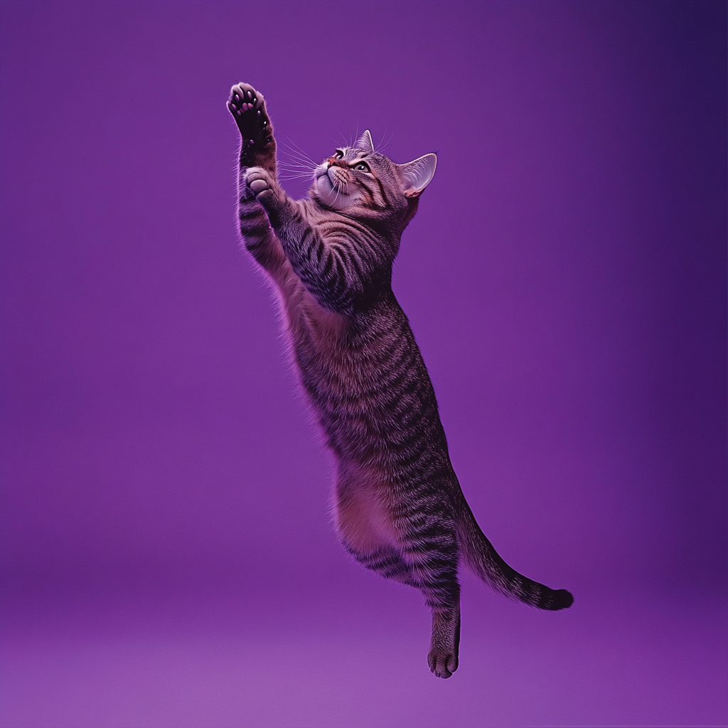 A Jumping Tabby Cat Catching Toy in Spotlight