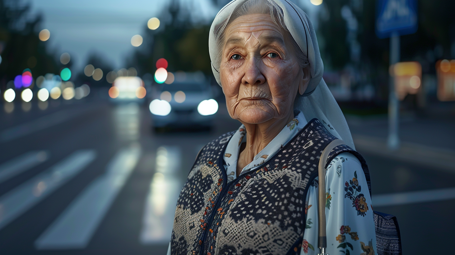 A Kazakh grandmother in traditional-modern attire conveys warmth.