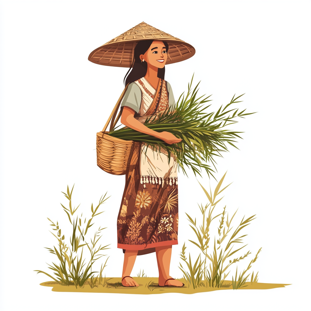 A Khasi woman wearing traditional bamboo hat farming.